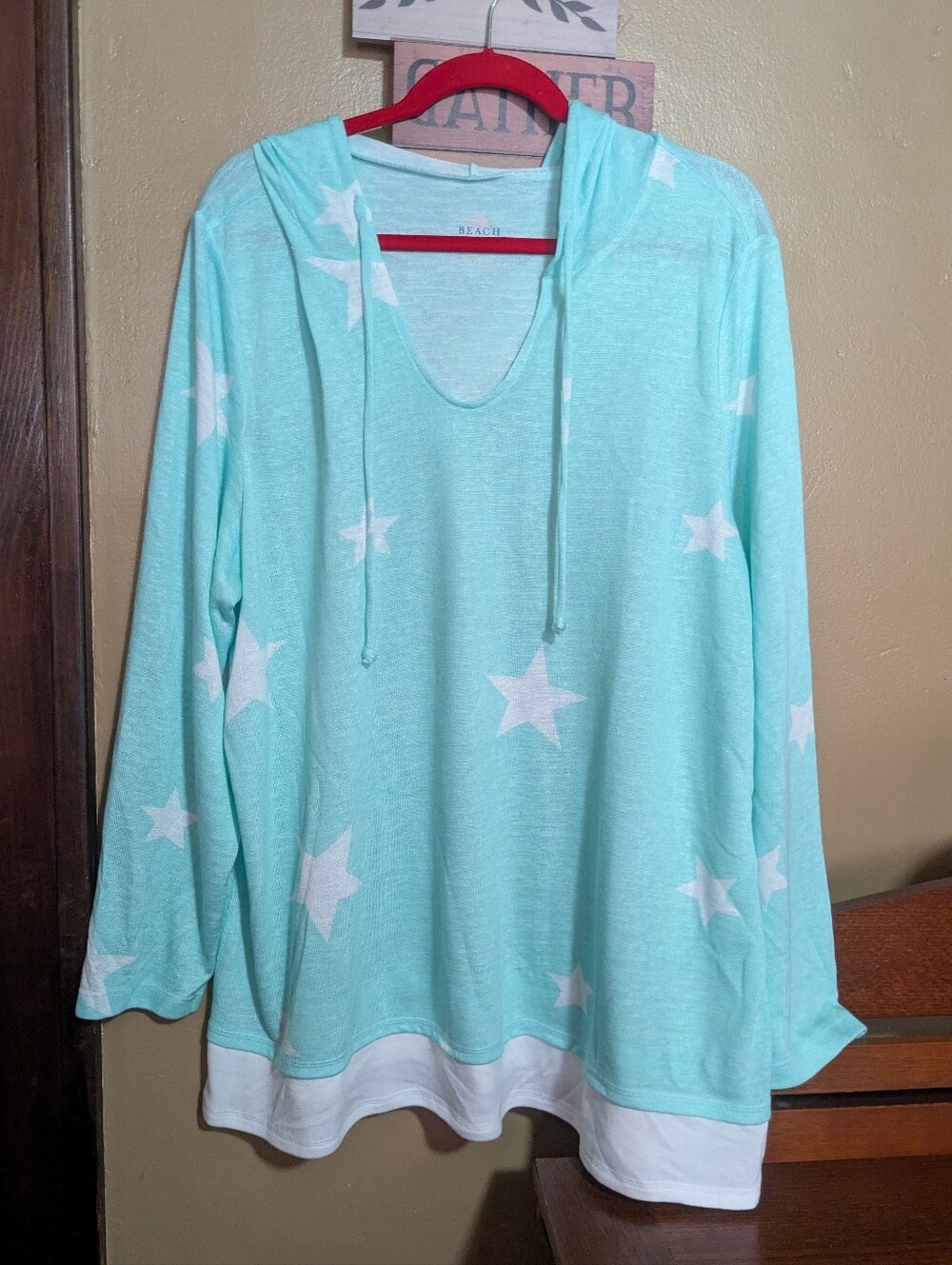 Turquoise Aqua White Star Design Hoodie Top Long Sleeve Lightweight Women's 1x